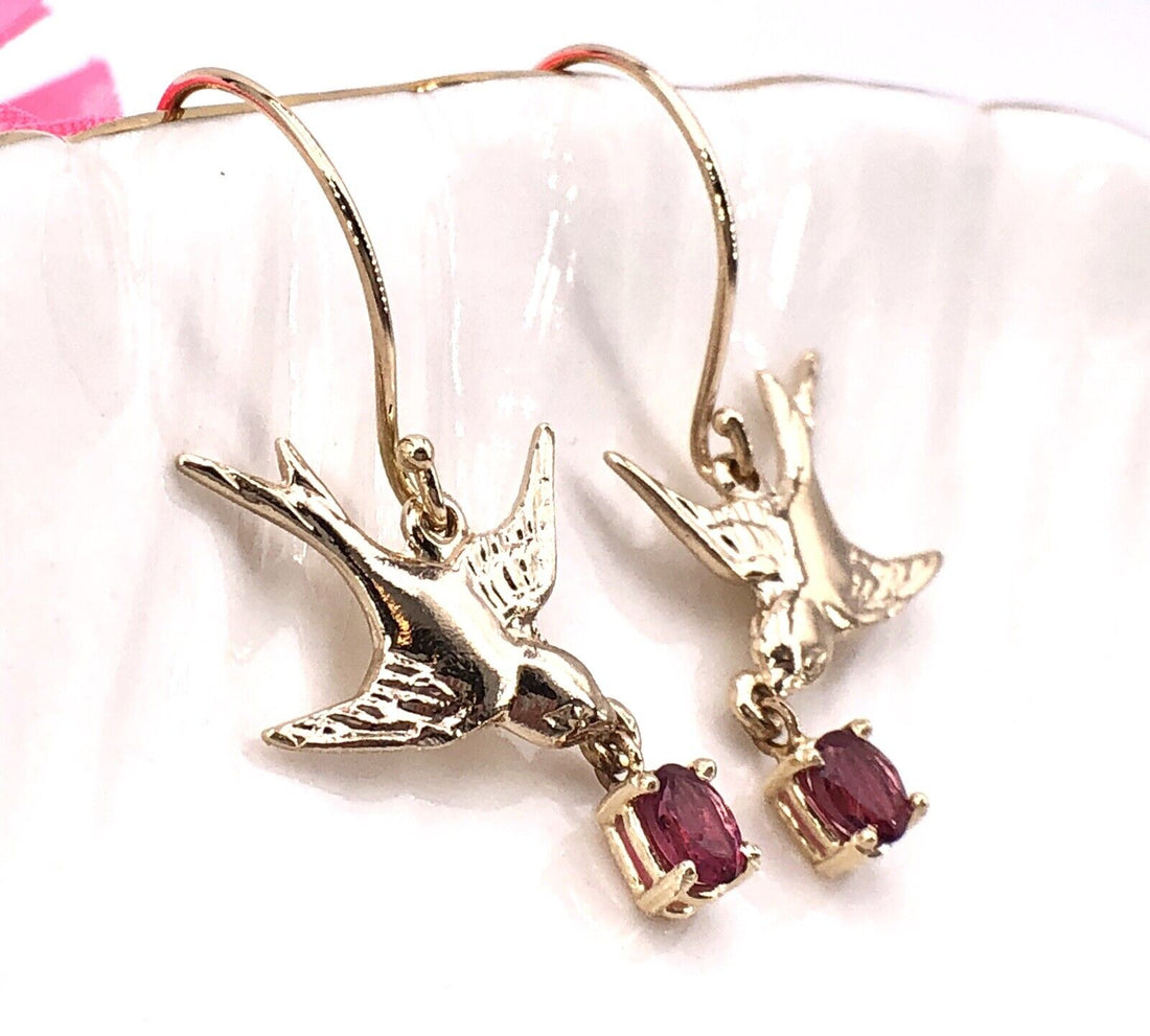 Solid 14K Yellow Gold Swallows & Pink Tourmaline Dangle/Drop Earrings, New 1.32"