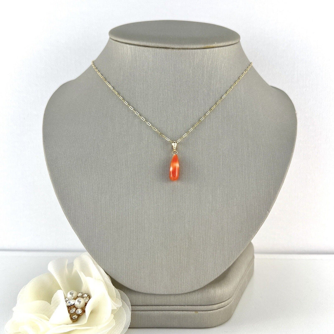 Solid 14k Yellow Gold Japanese Coral Drop Pendant, New