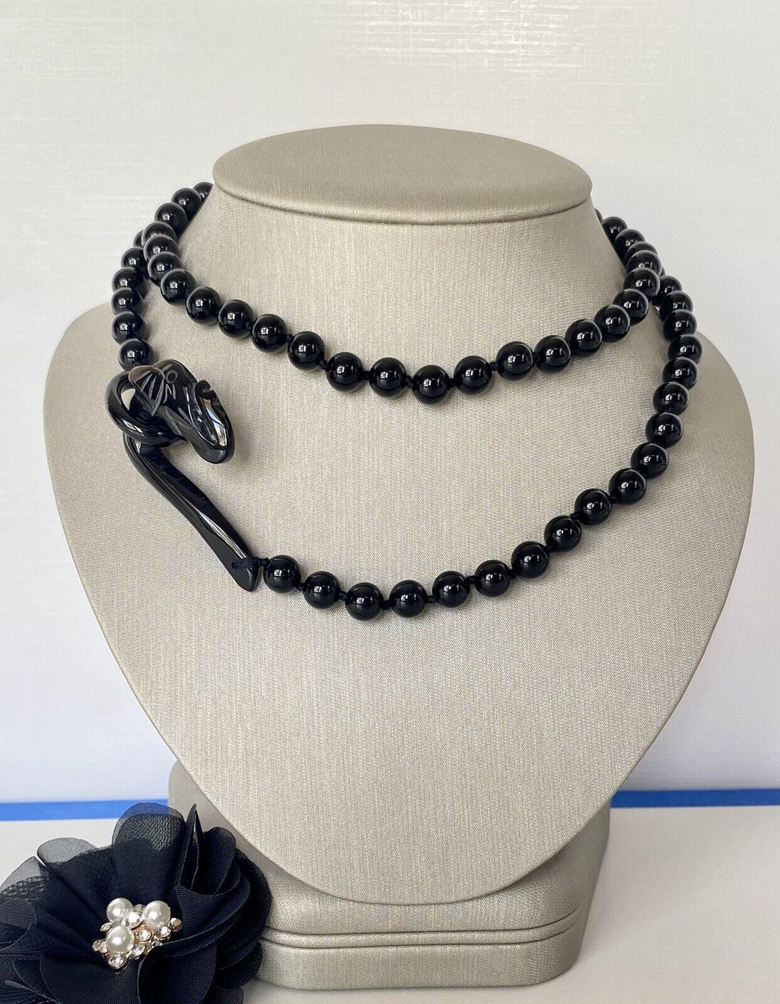 Vintage Lucky Elephant Clasp Black Onyx Hand-Knotted Necklace, 32", New