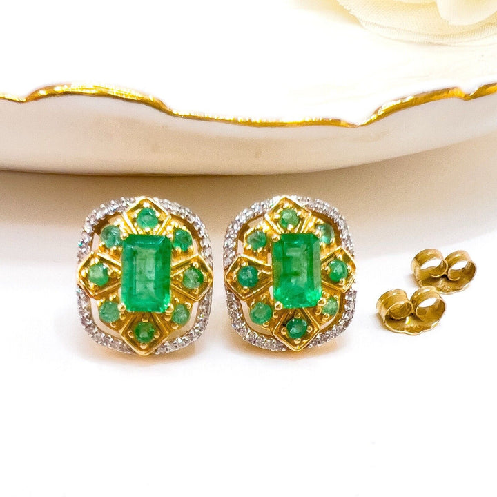 14k Yellow Gold Genuine Emerald & Diamond Stud Earrings, New