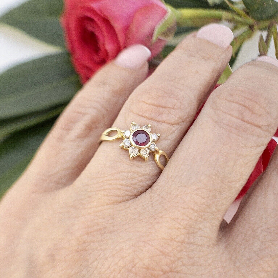 Solid 14k Yellow Gold Genuine Ruby & Diamond Rosette Ring, New Size 8