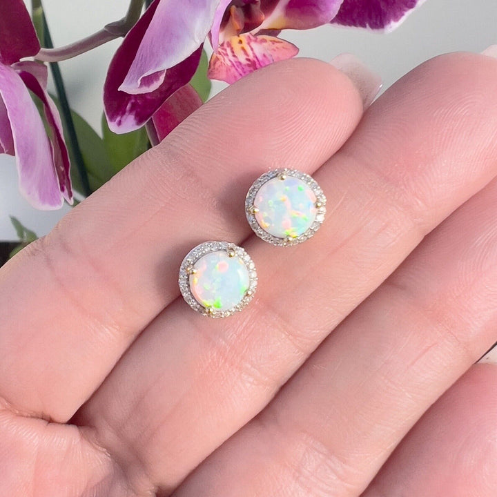 Solid 10k Yellow Gold Lab-Created Opals & Genuine Diamond Stud Earrings, New