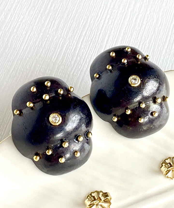 Unique 18K Yellow Gold Ebony and Diamond Stud Earrings