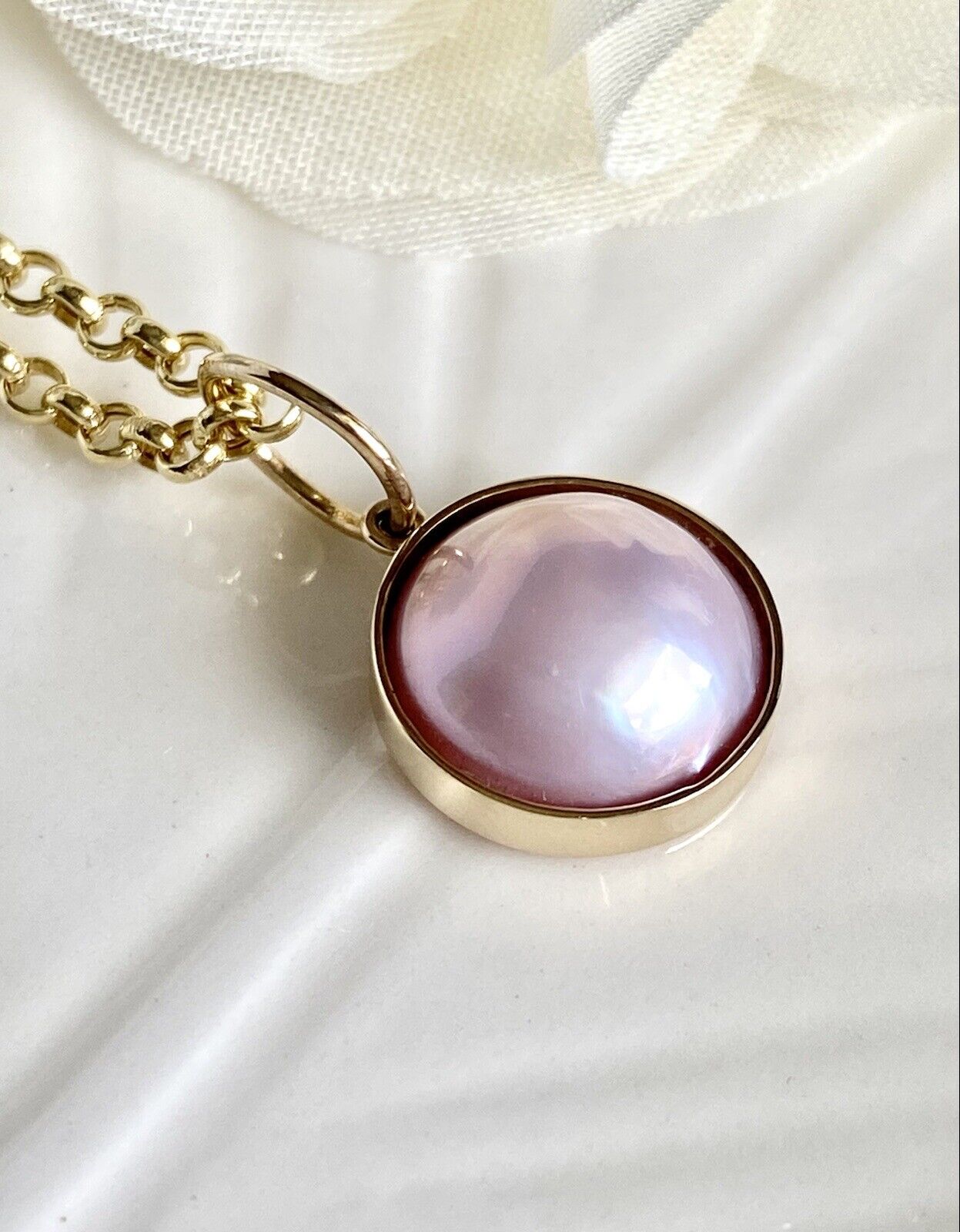 Genuine Pink Mabe Pearl (11mm) Solid 14K Yellow Gold Pendant, New