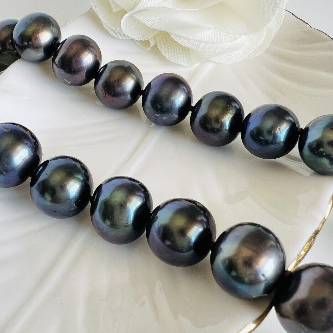 Solid 14k White Gold 12-13.5mm Genuine Black Pearl Necklace, New 17.5"