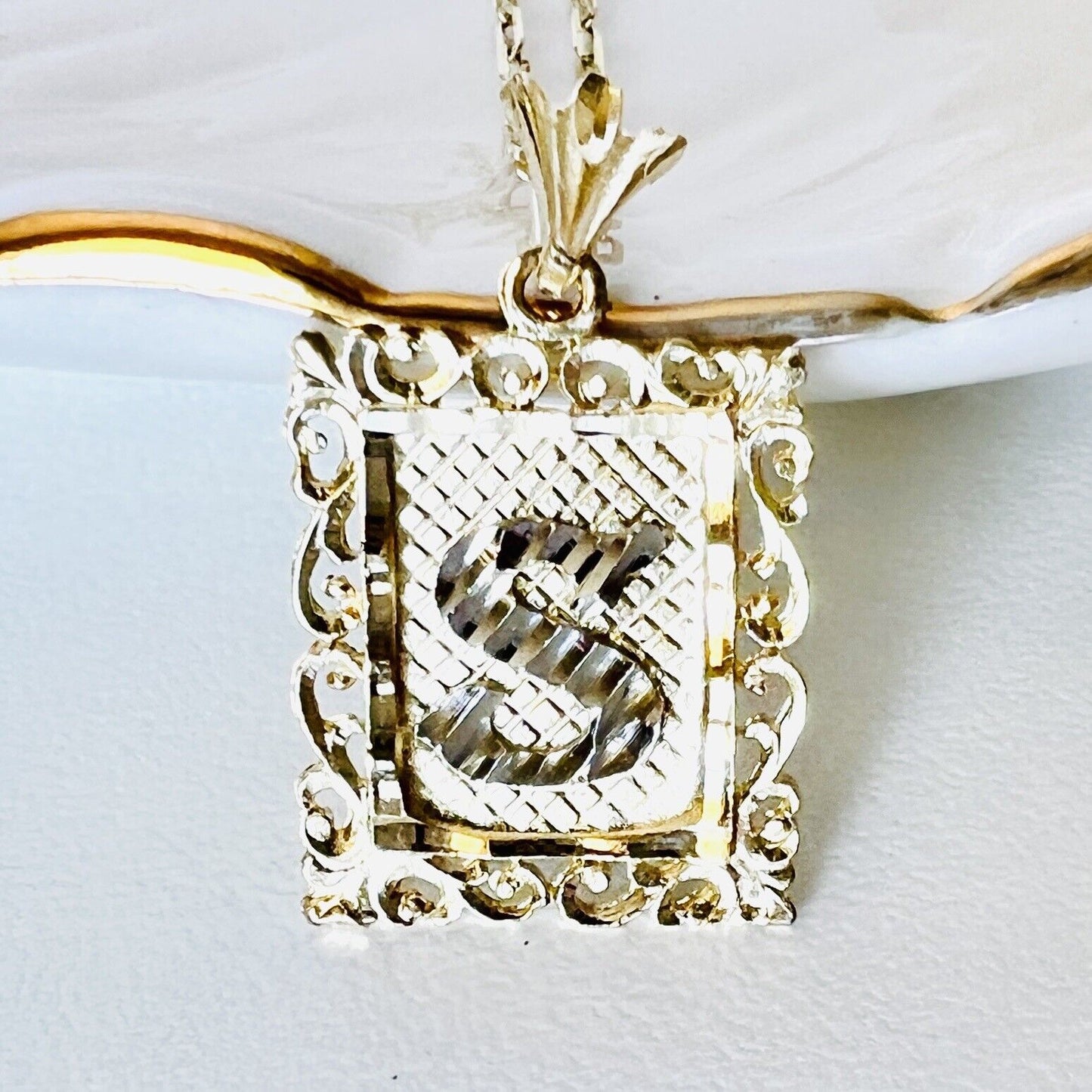 Solid 14k Yellow/White Gold "S" Initial Monogram Charm/Pendant, New 1.06"