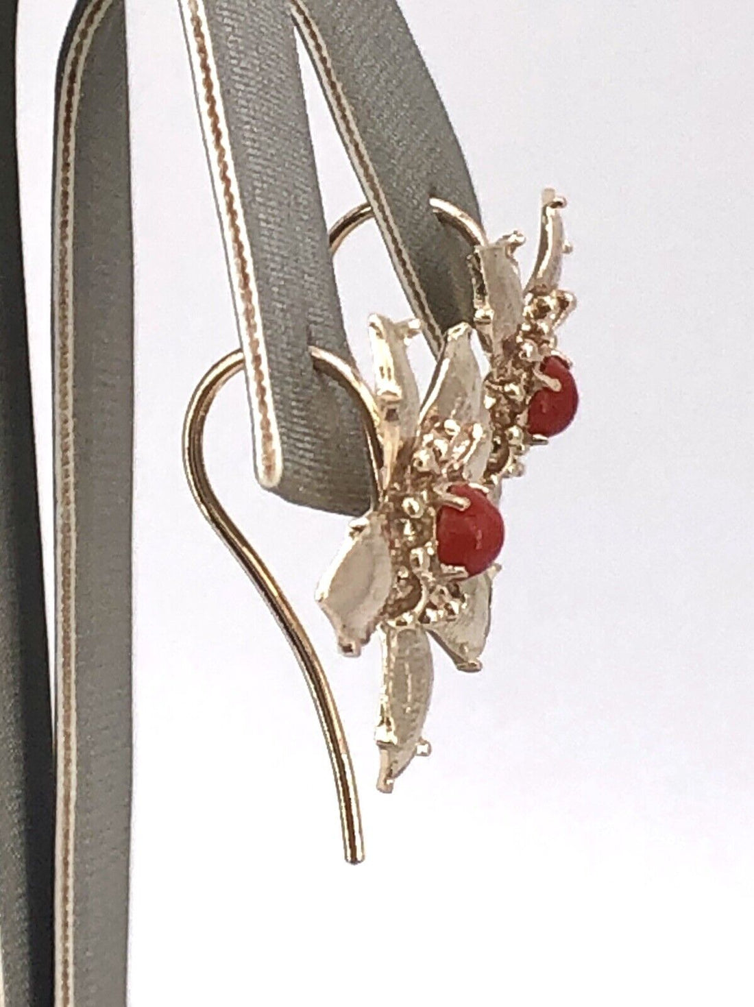 14K Yellow Gold & Mediterranean Red Coral 5 Petal Flower Hook Earrings, New