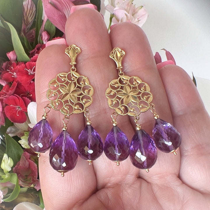 Solid 14k Yellow Gold Genuine Amethyst Briolette Chandelier Earrings, New