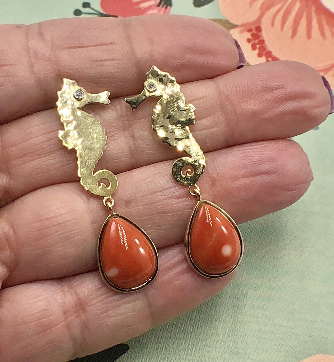 Natural Coral (8.68ct) & Diamond 14K Gold Seahorse Dangle Earrings, New