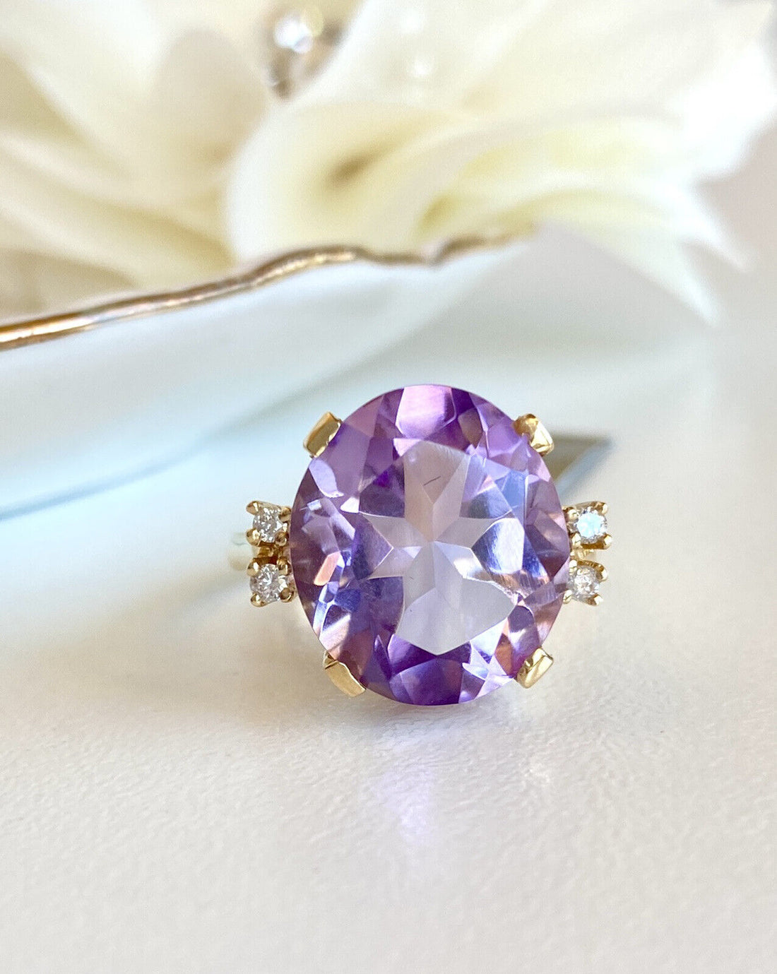 Genuine Amethyst (8.1ct) & Diamond Solid 14k Yellow Gold Ring, New, Size 6