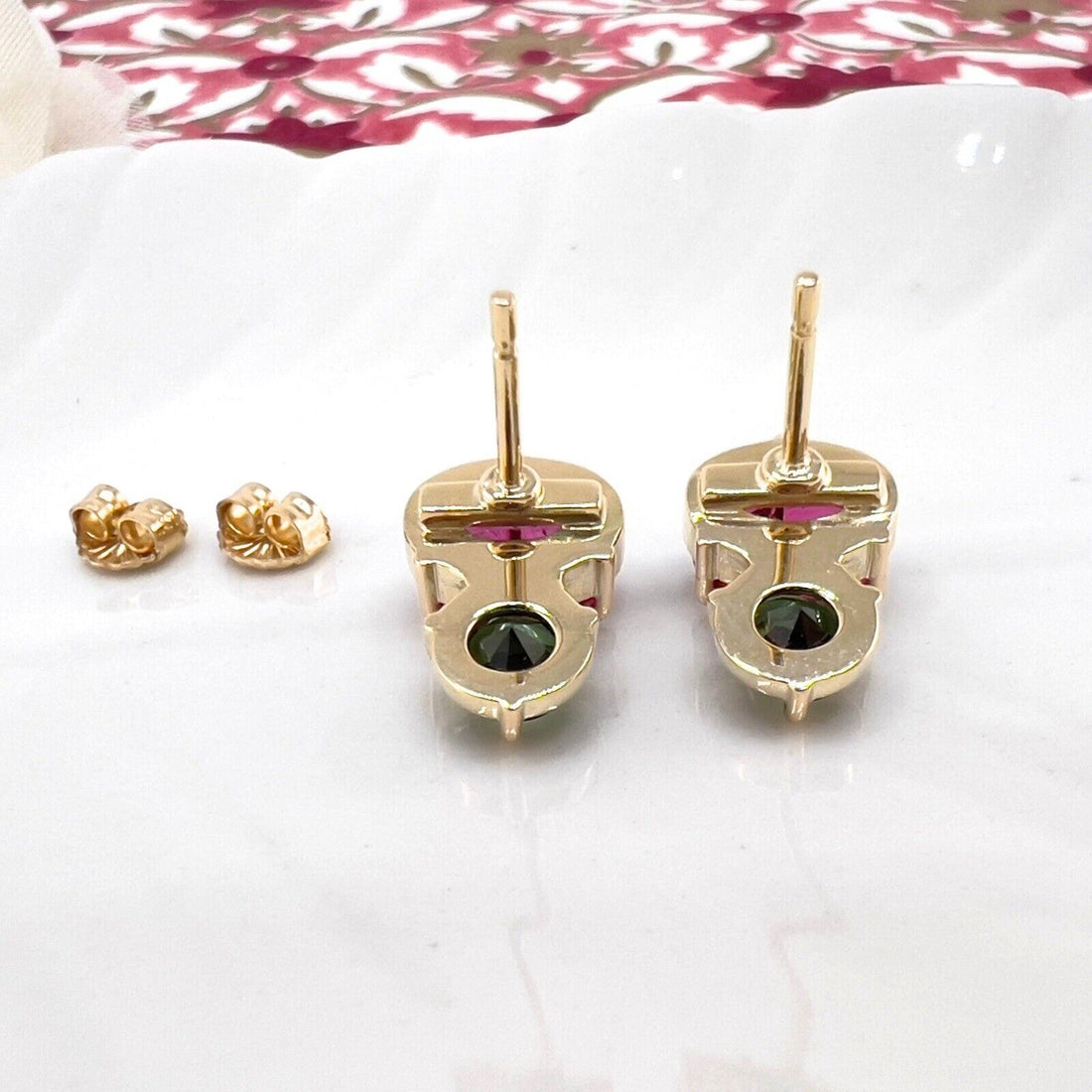 Handcrafted 14k Yellow Gold Genuine Pink & Green Tourmaline Stud Earrings, New