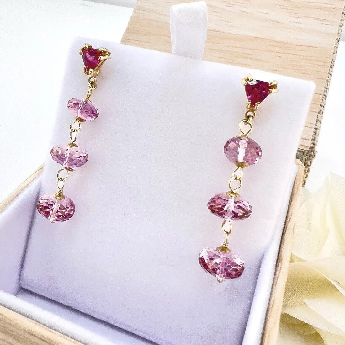 14k Yellow Gold Pink Tourmaline & Topaz Dangle/Drop Earrings, New 1.76"