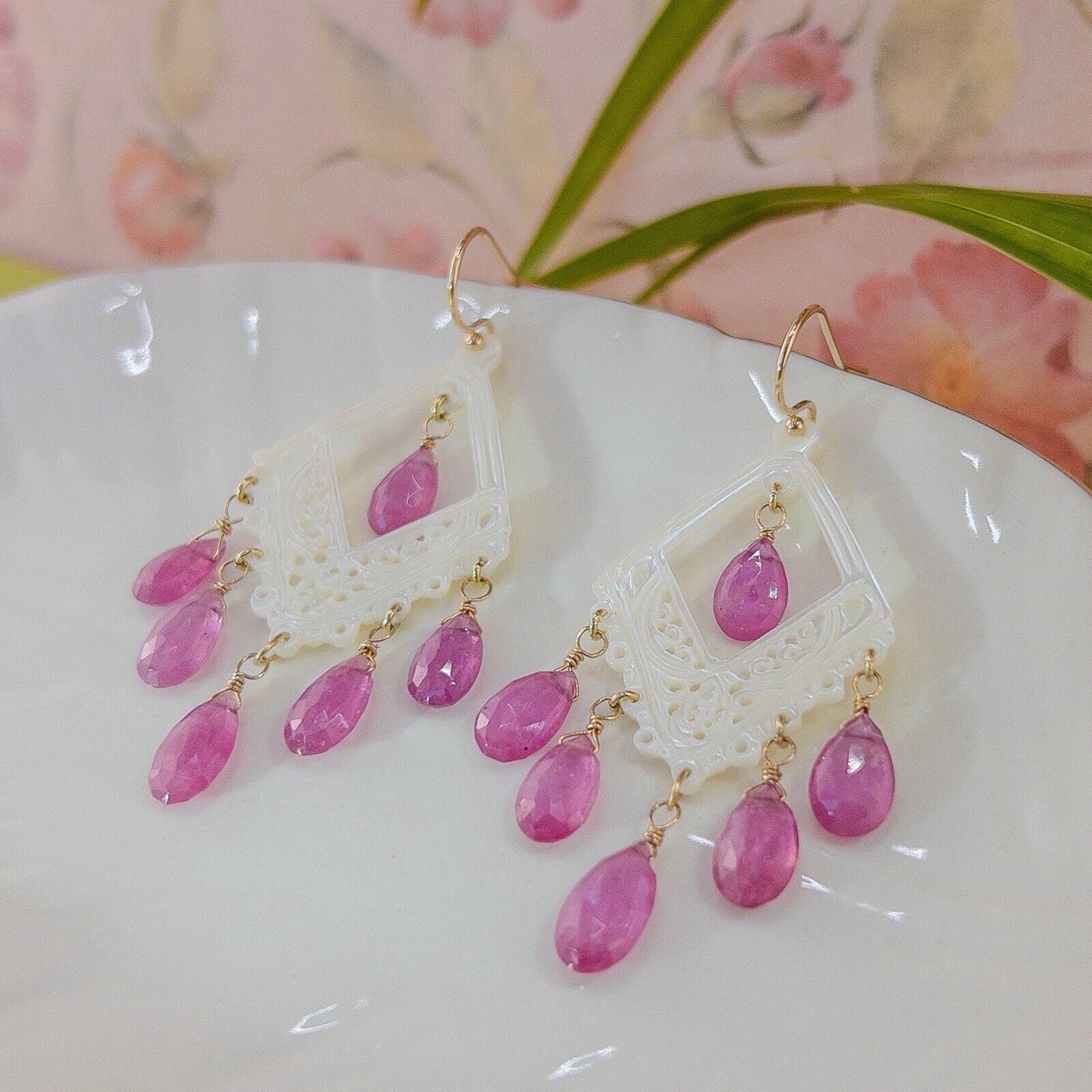 Solid 14k Yellow Gold Pink Sapphire & Mother of Pearl Chandelier Dangle Earrings