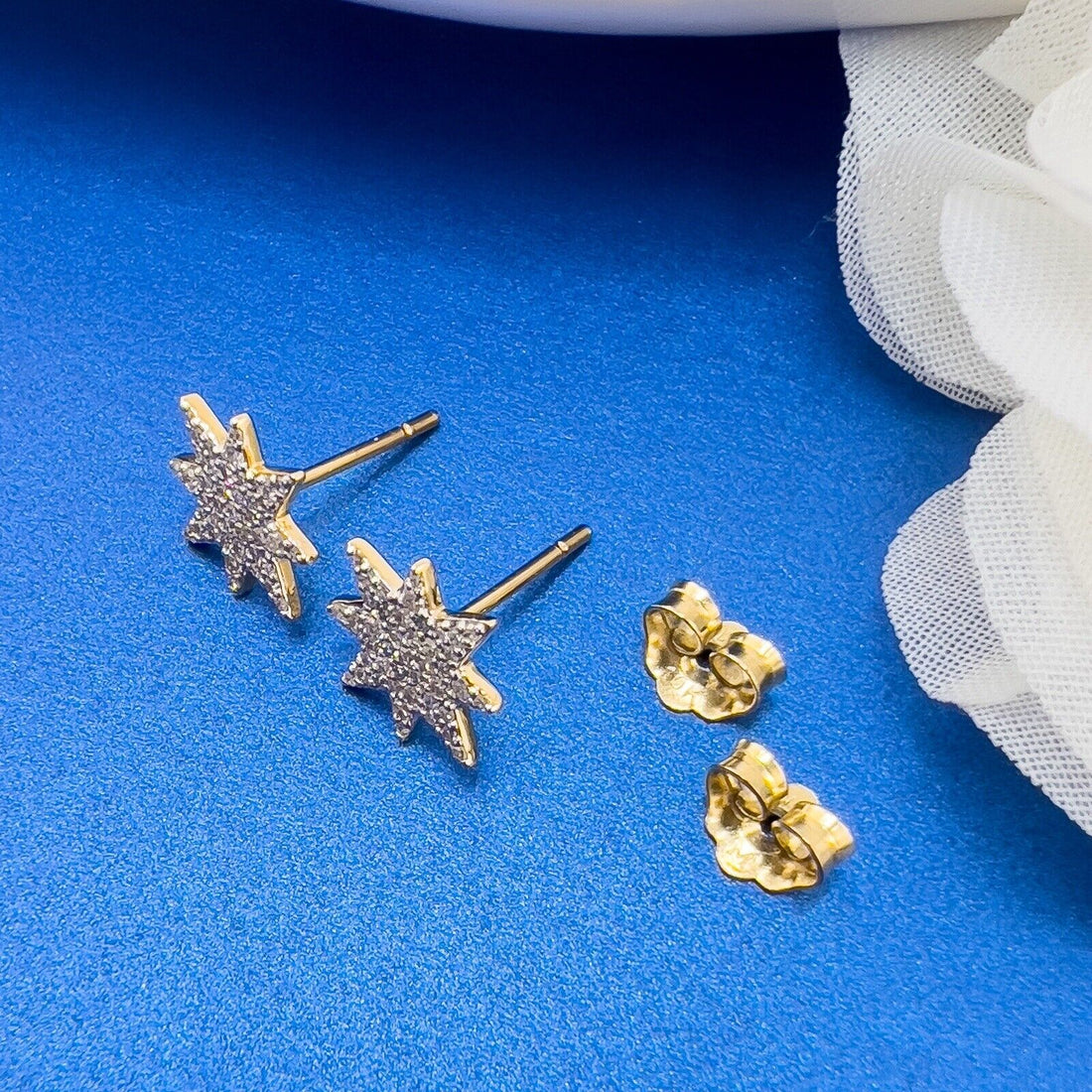 10k Yellow Gold Genuine Diamond Starburst Screw-back Stud Earrings, New