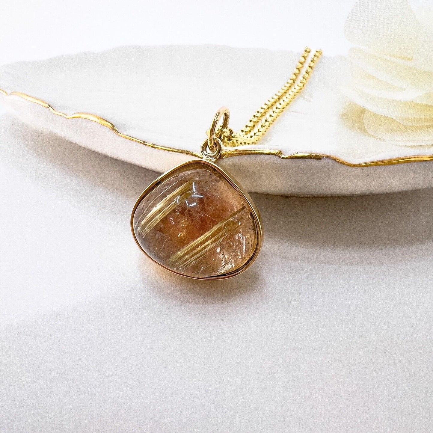 Genuine Rutilated Quartz Solid 14k Yellow Gold Drop Pendant, Newly Handcrafted