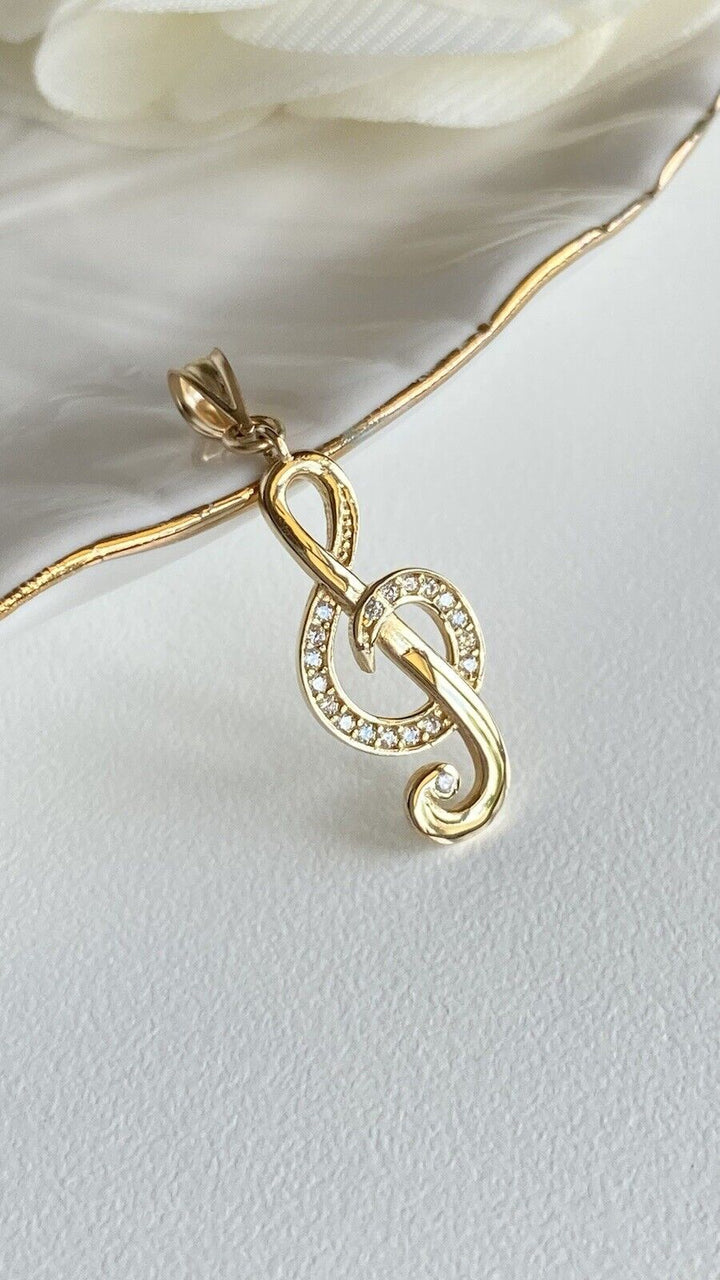 Solid 14K Yellow Gold & Cubic Zirconia "G" Clef Musical Symbol Pendant, New 1.3"