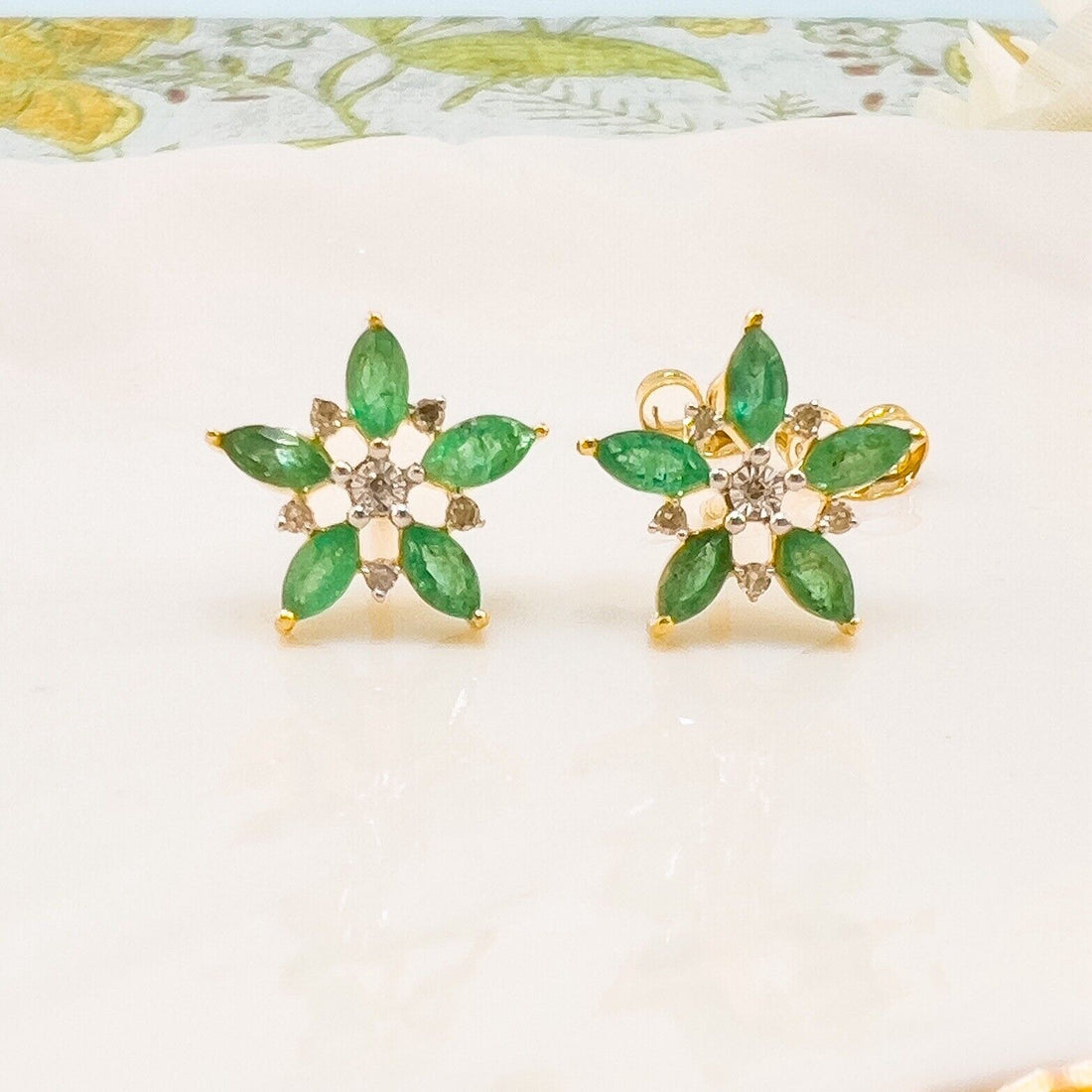 10k Yellow Gold Genuine Emerald & Diamond Star Stud Earrings, New