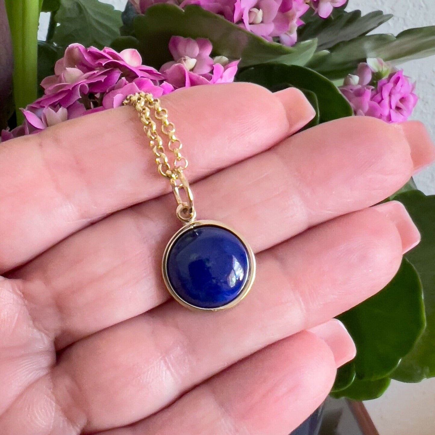 Natural Lapis Lazuli 14k Yellow Gold Round Pendant, Unisex, Handcrafted