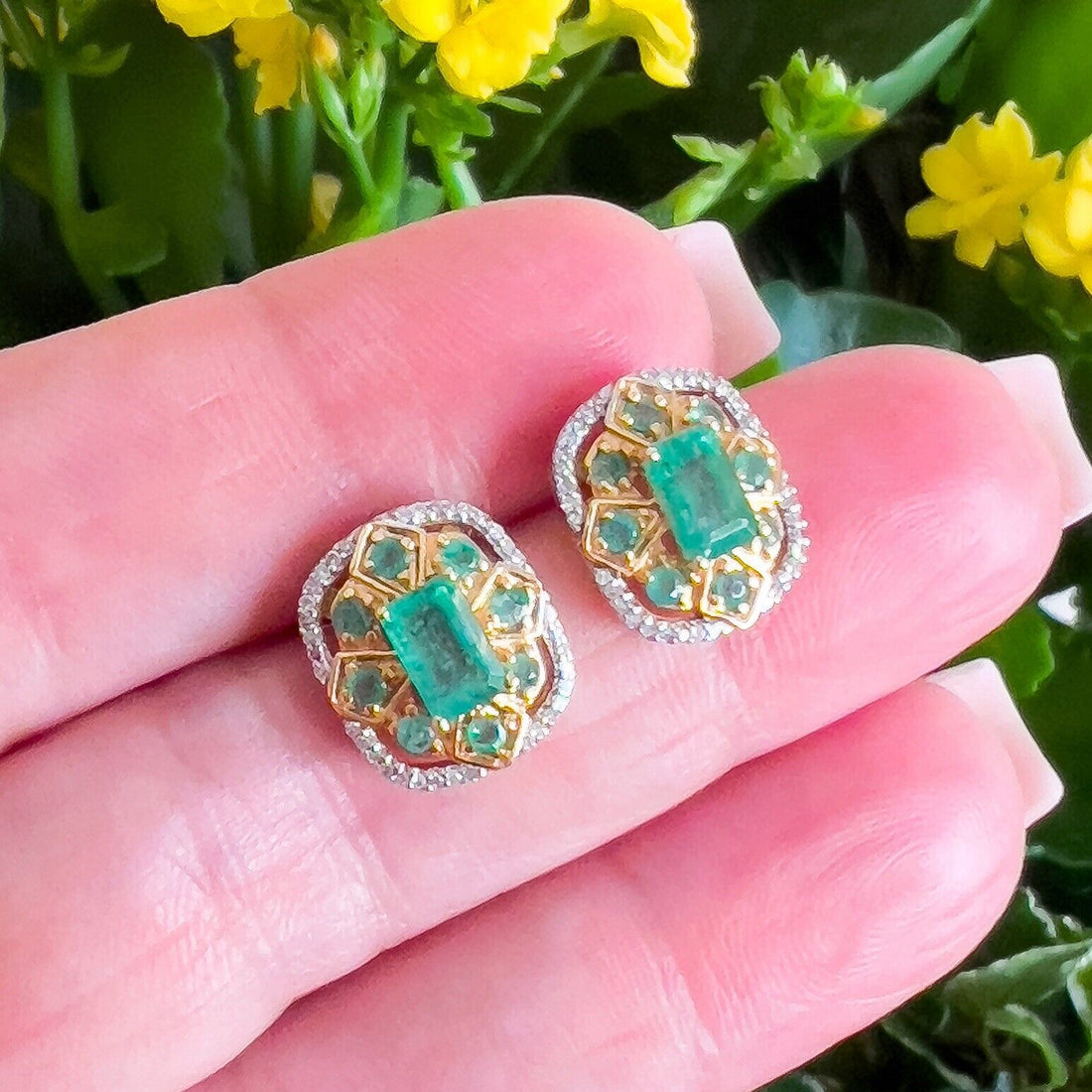 14k Yellow Gold Genuine Emerald & Diamond Stud Earrings, New