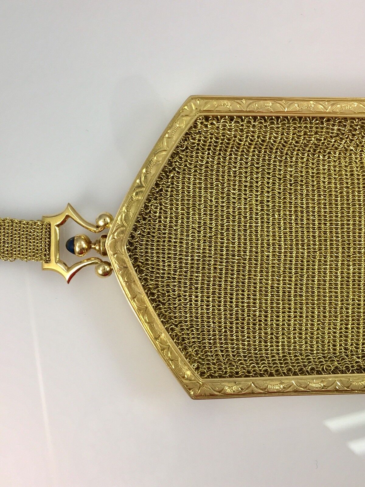 Antique Belle Epoque 18kt Solid Yellow Gold & Sapphire Hand Engraved Mesh Purse