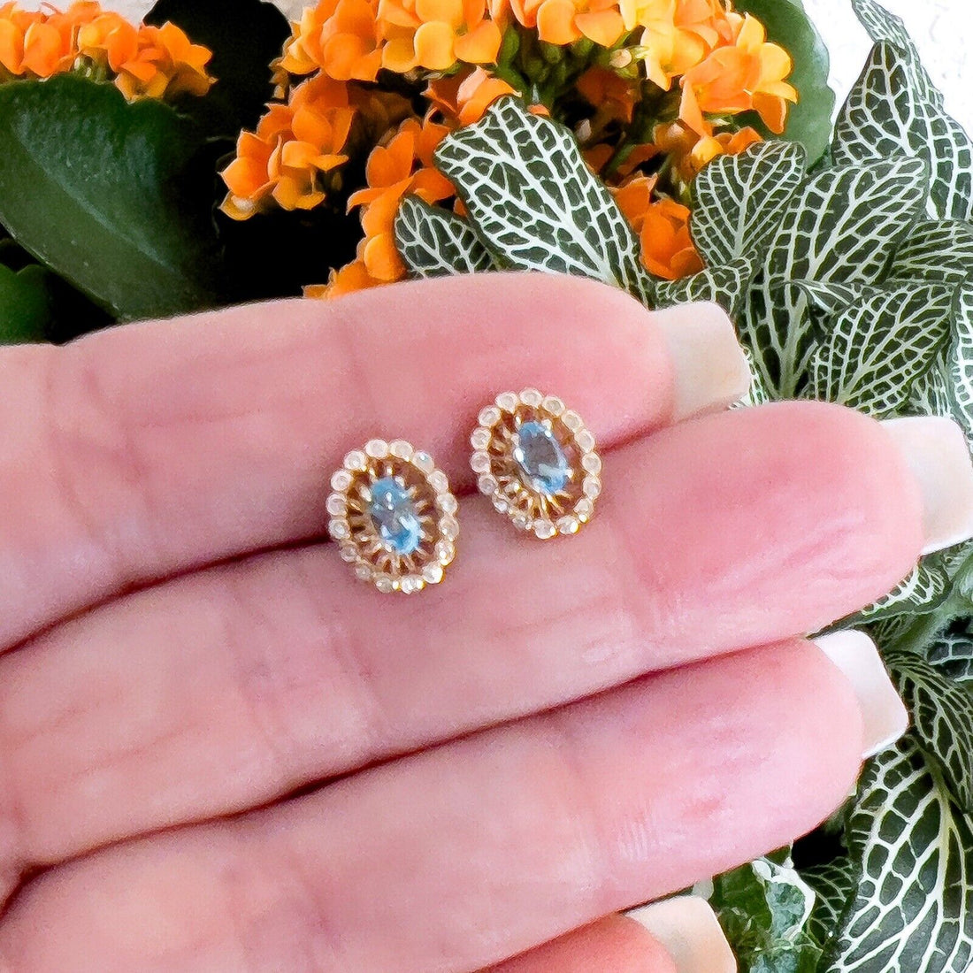 14k Yellow Gold Swiss Blue Topaz & Diamond Halo Oval Stud Earrings, New