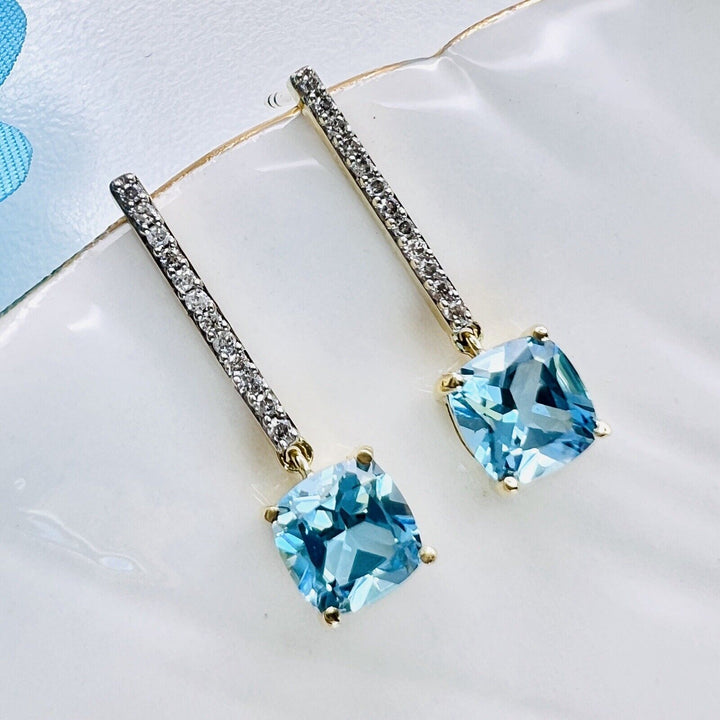 Solid 10k Yellow Gold Genuine Swiss Blue Topaz & Diamond Dangle Earrings, New