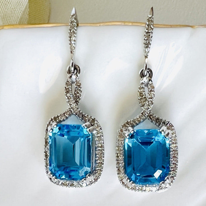 Gorgeous Swiss Blue Topaz (5.60ct) & Diamond (0.40ct) 14k Dangle Earrings, New