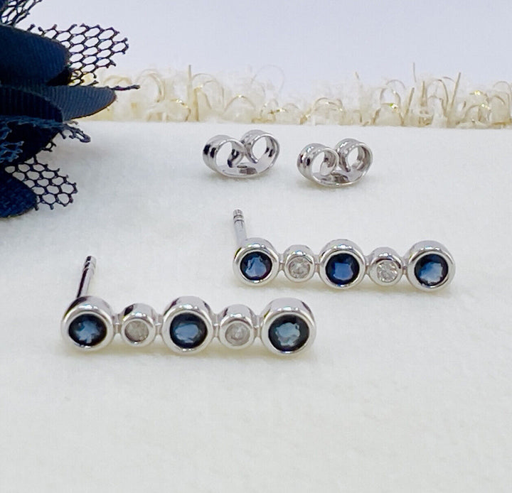 Solid 14k White Gold Genuine Sapphire & Diamond Stud Earrings, New