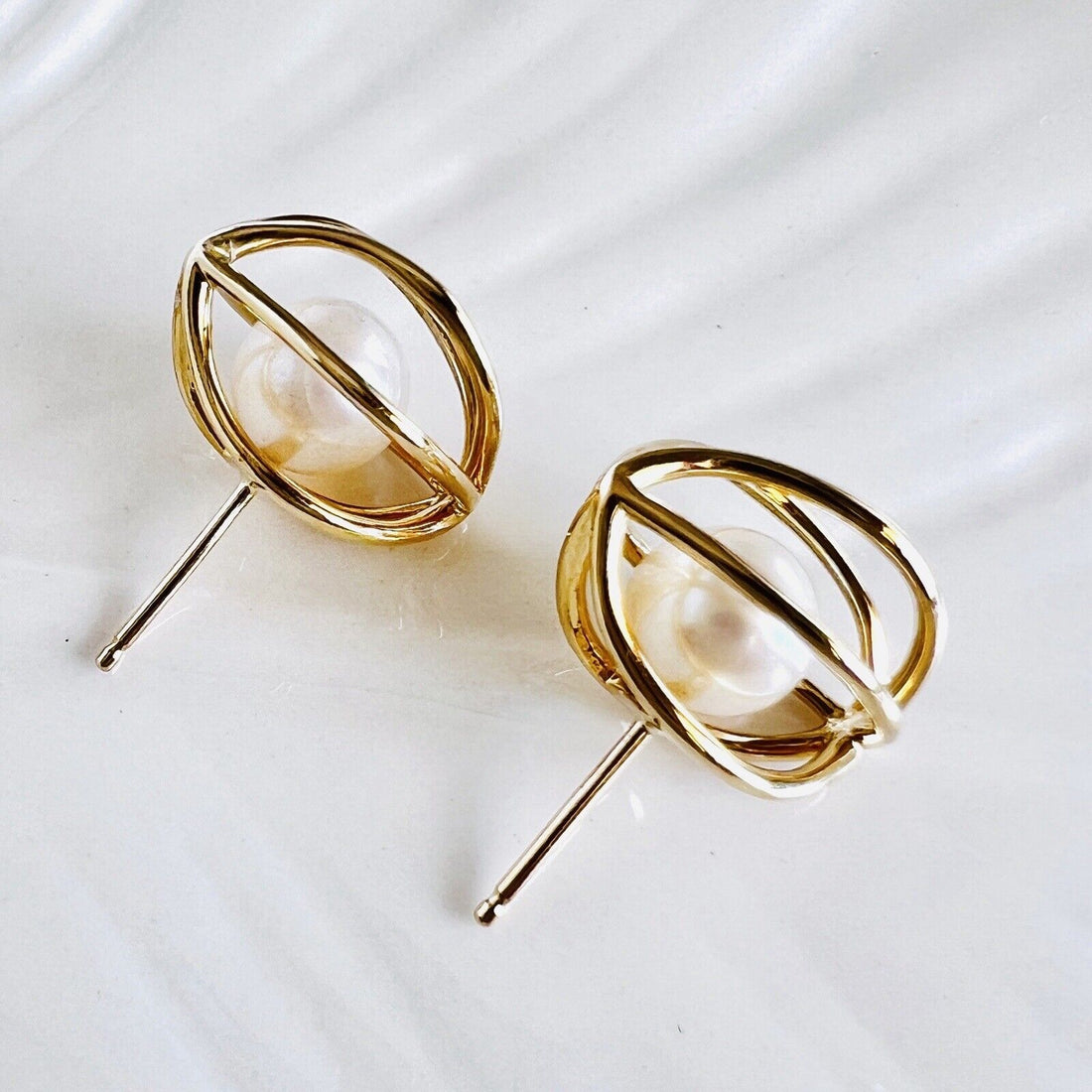 Solid 14k Yellow Gold “Dancing” Pearl Cage-Style Stud Earrings, New