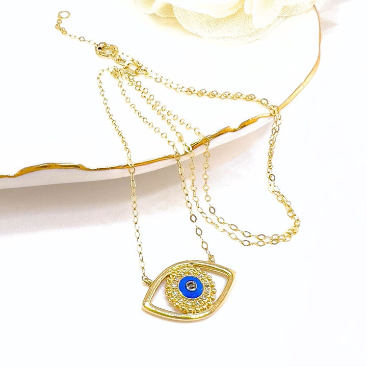 14k Yellow Gold Genuine  Diamond & Enamel Eye Protection Pendant Necklace, 17.5"