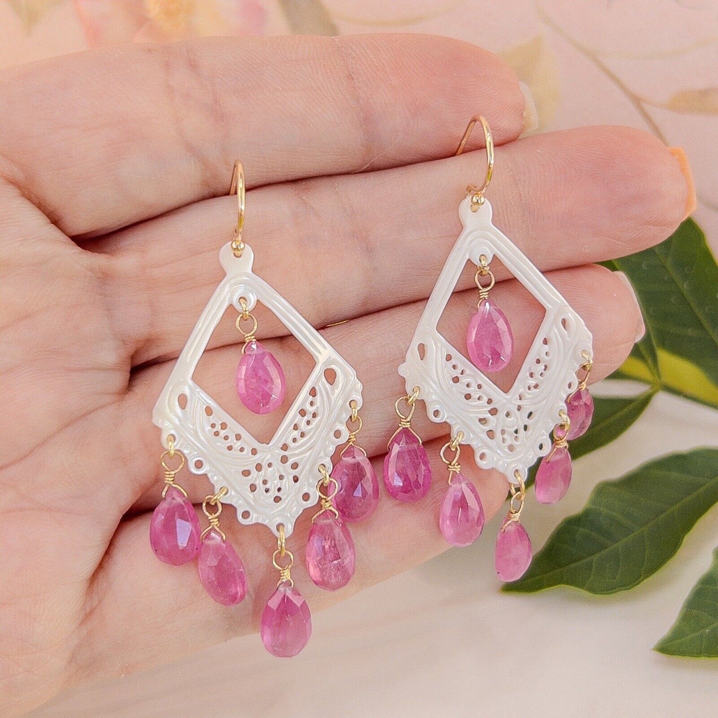 Solid 14k Yellow Gold Pink Sapphire & Mother of Pearl Chandelier Dangle Earrings