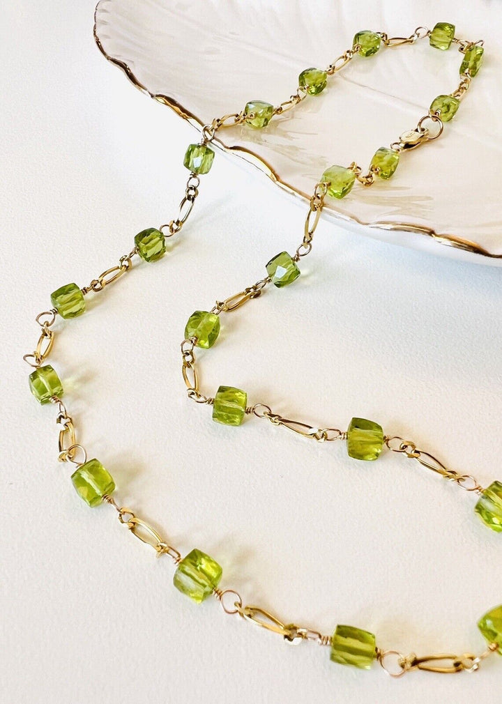 Solid 14k Yellow Gold Genuine Peridot Cube Station Chain Necklace, New 16.75”