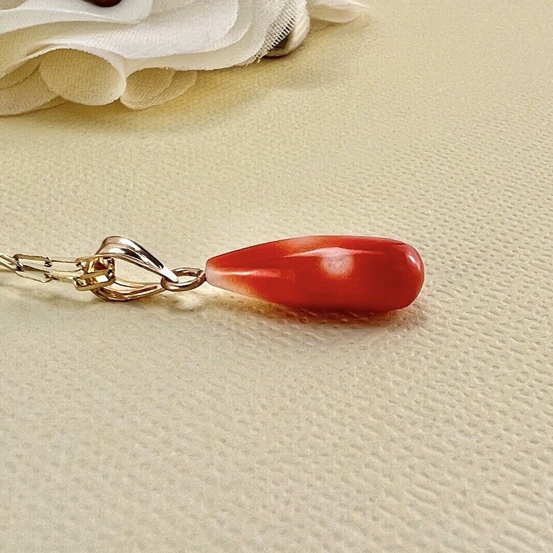 Solid 14k Yellow Gold Japanese Coral Drop Pendant, New