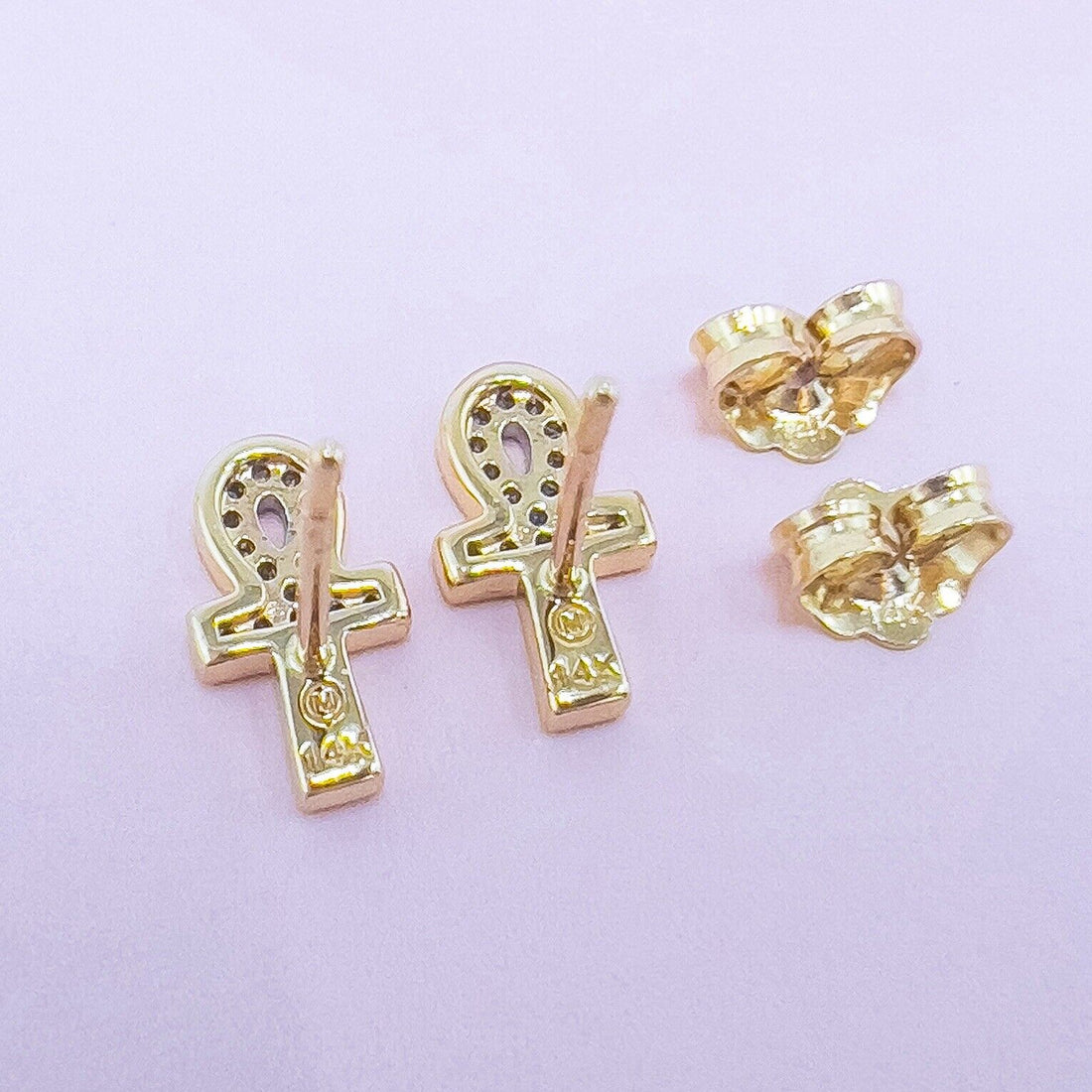 14k Yellow Gold Diamond Ankh Stud Screw-Back Earrings, New