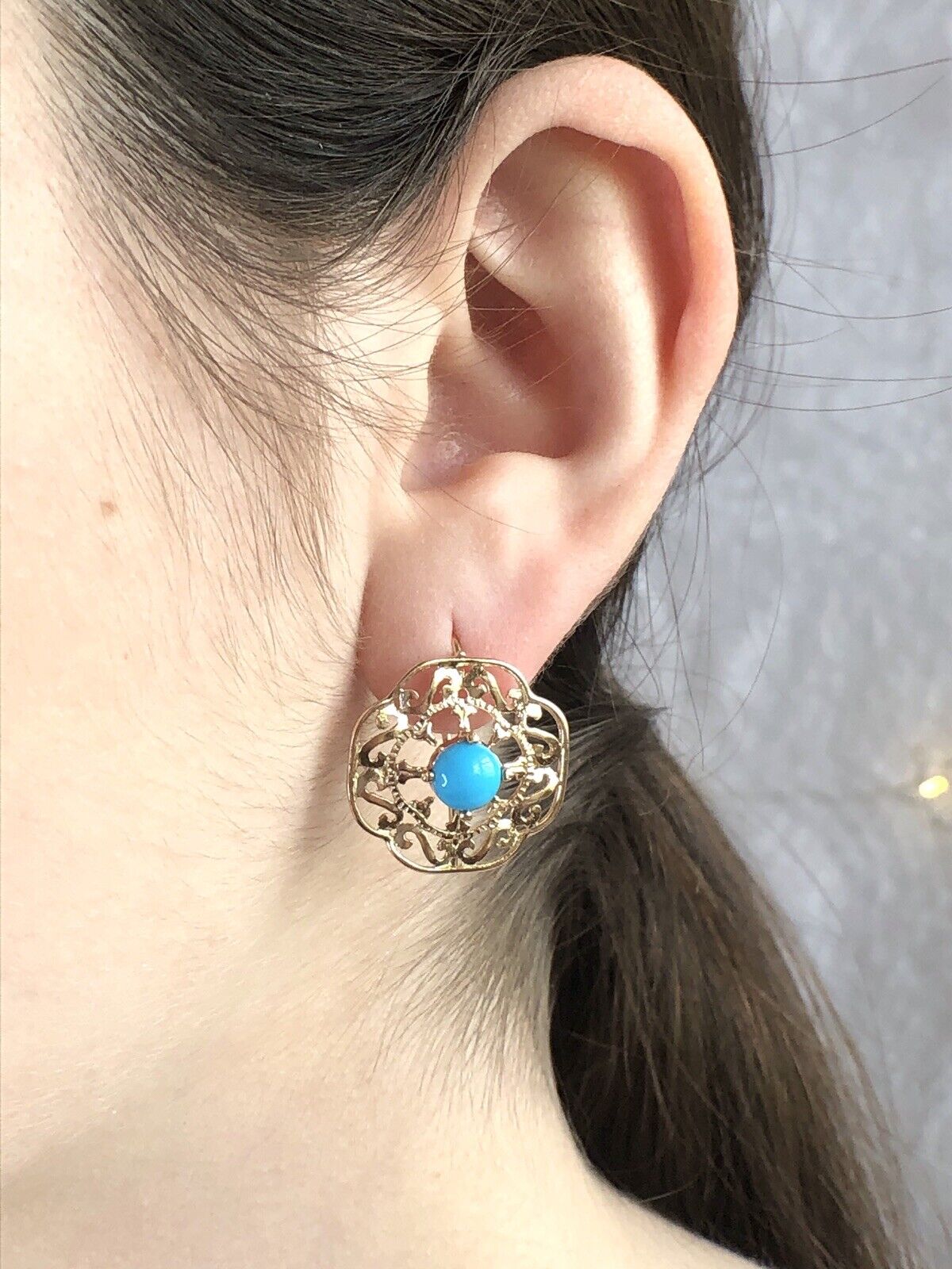 Solid 14k Yellow Gold & Sleeping Beauty Turquoise Filigree Hook Earrings, New