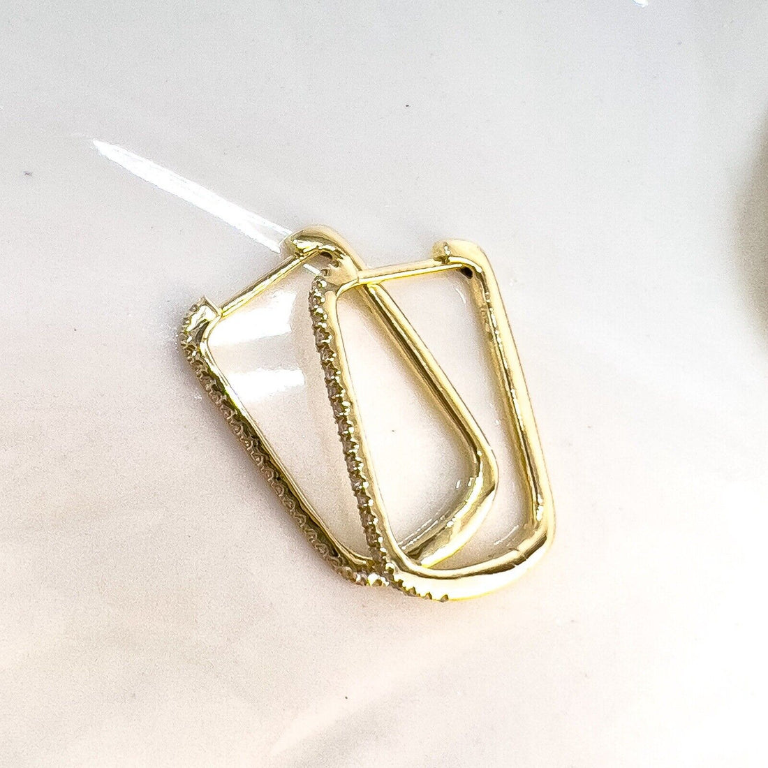 10k Yellow Gold Genuine Diamond Rectangular Hoop Earrings, New