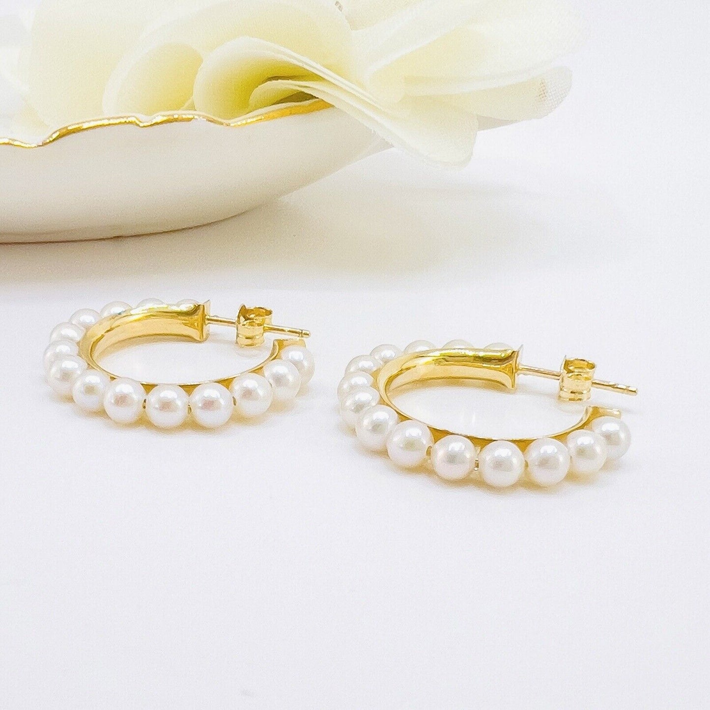 14k Yellow Gold Genuine Pearl Hoop Earrings, New, Small