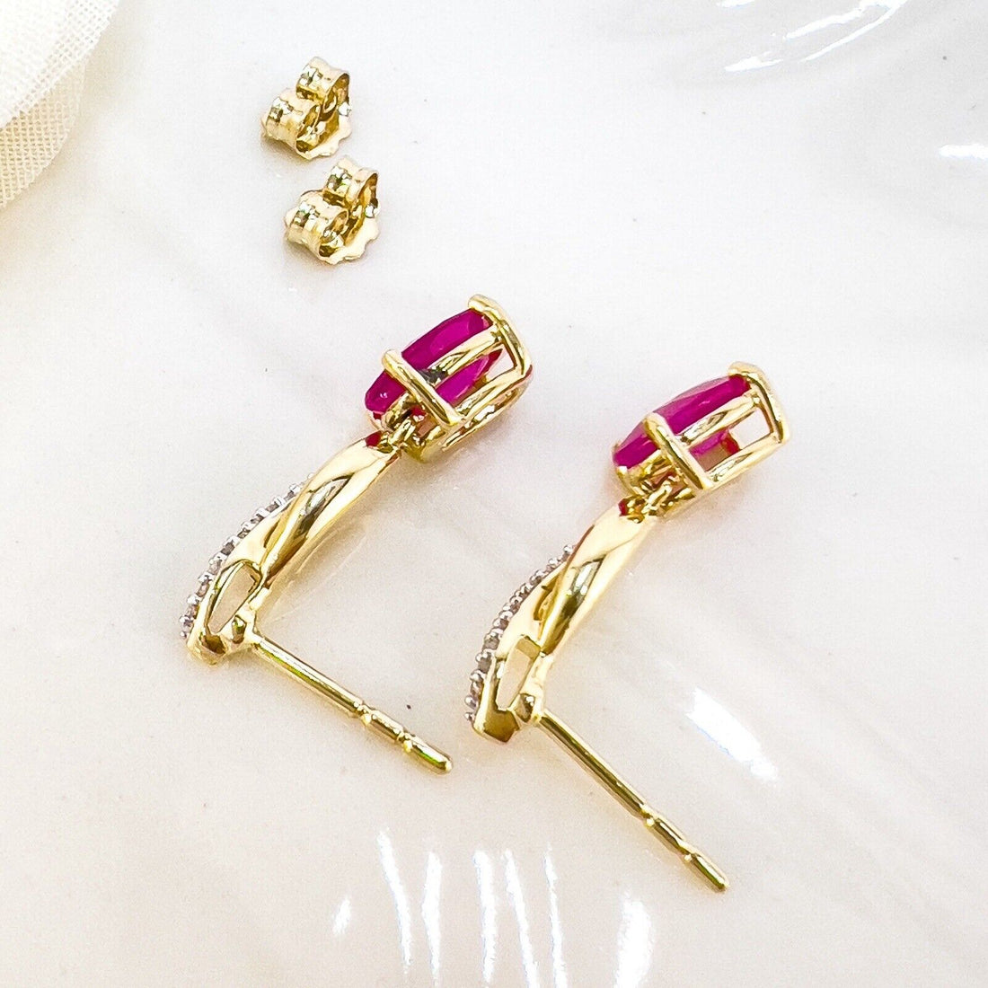 Solid 10k Yellow Gold Genuine Ruby & Diamond Dangle/Drop Earrings, New