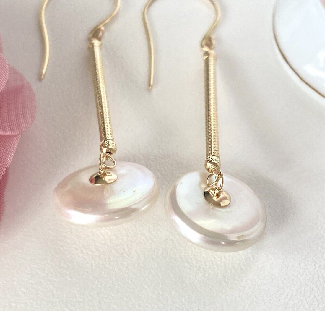 Unique Large Coin Pearl & Solid 14k Yellow Gold Dangle Earrings, New, 2.48"