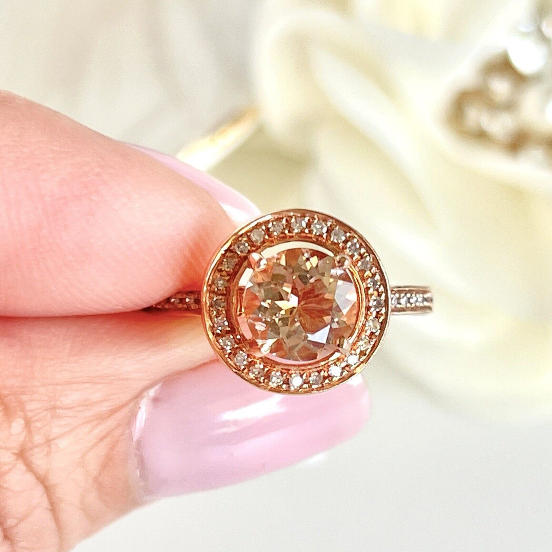 Genuine Morganite & Diamond Halo Solid 14k Rose Gold Ring, New Size 7