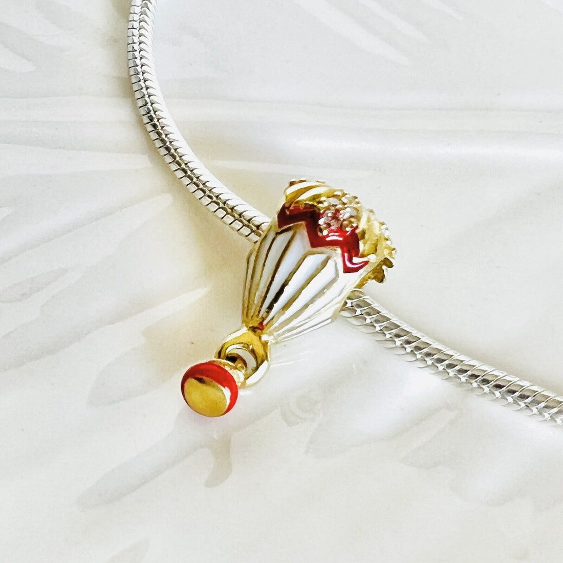 Solid 14k Yellow Gold Hand-Enamel Hot Air Balloon Bead Charm for Bracelets, New