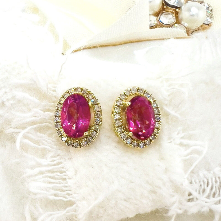 10k Yellow Gold Genuine Pink Topaz & Diamond Halo Stud Earrings, New