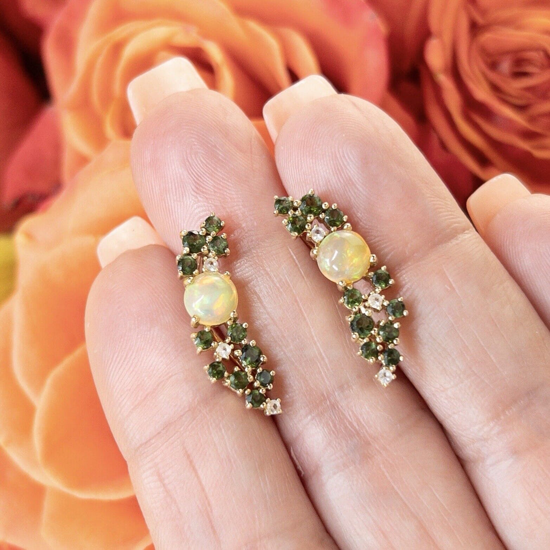 10k Yellow Gold Ethiopian Opal & Chrome Diopside Earrings, New