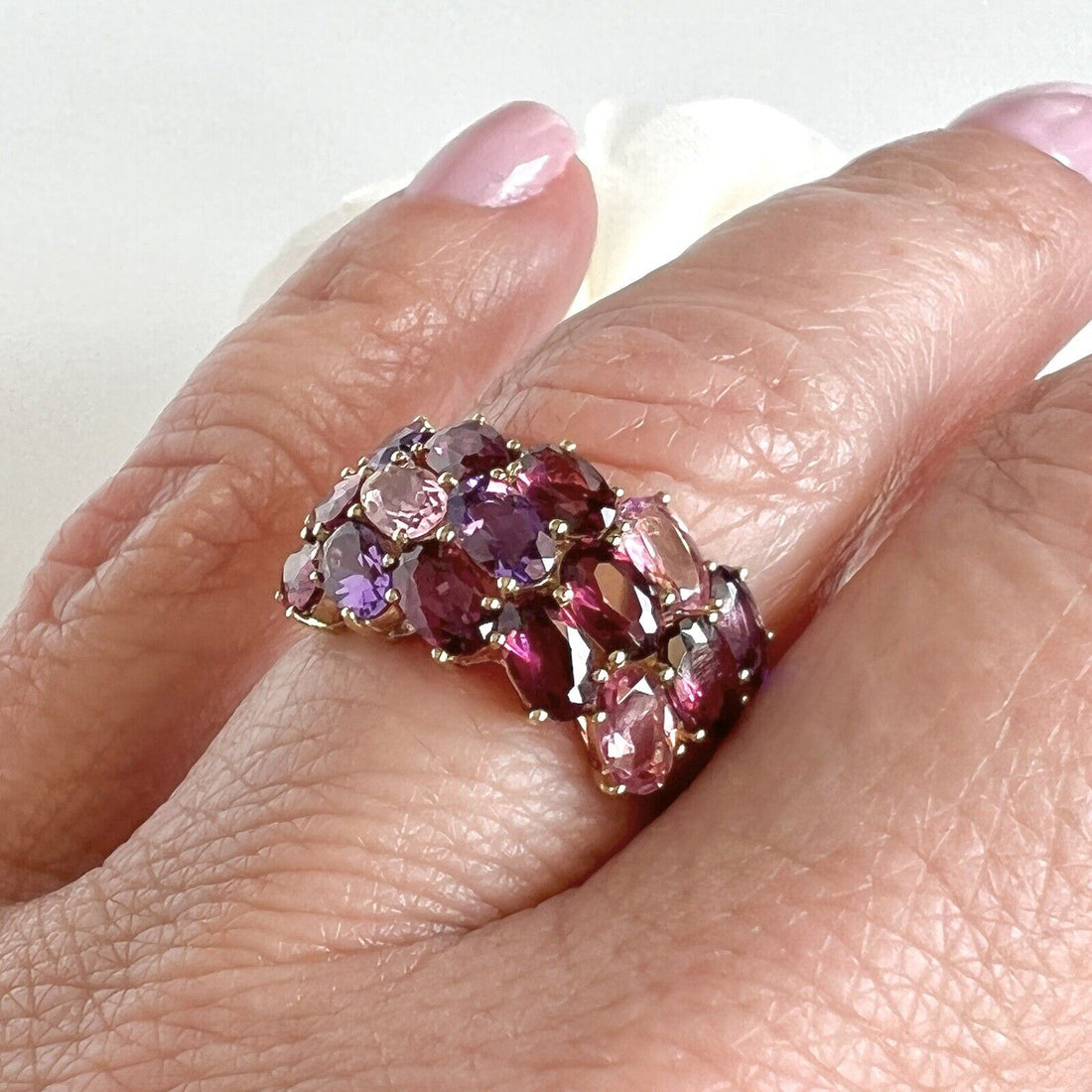 Solid 10k Yellow Gold Amethyst & Tourmaline Cluster Ring, New Size 7