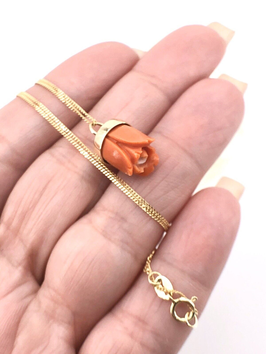 Untreated Salmon Coral Rose Bud 14k Yellow Gold Hand-Made Pendant/Necklace, New