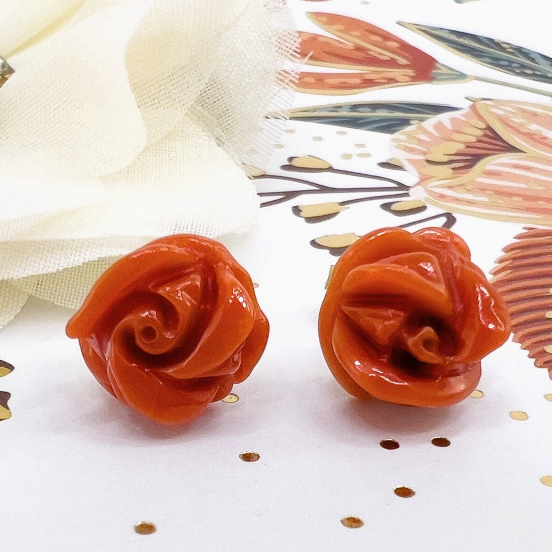 14k Yellow Gold Genuine Italian Red Coral Roses Stud Earrings, Newly Handcrafted