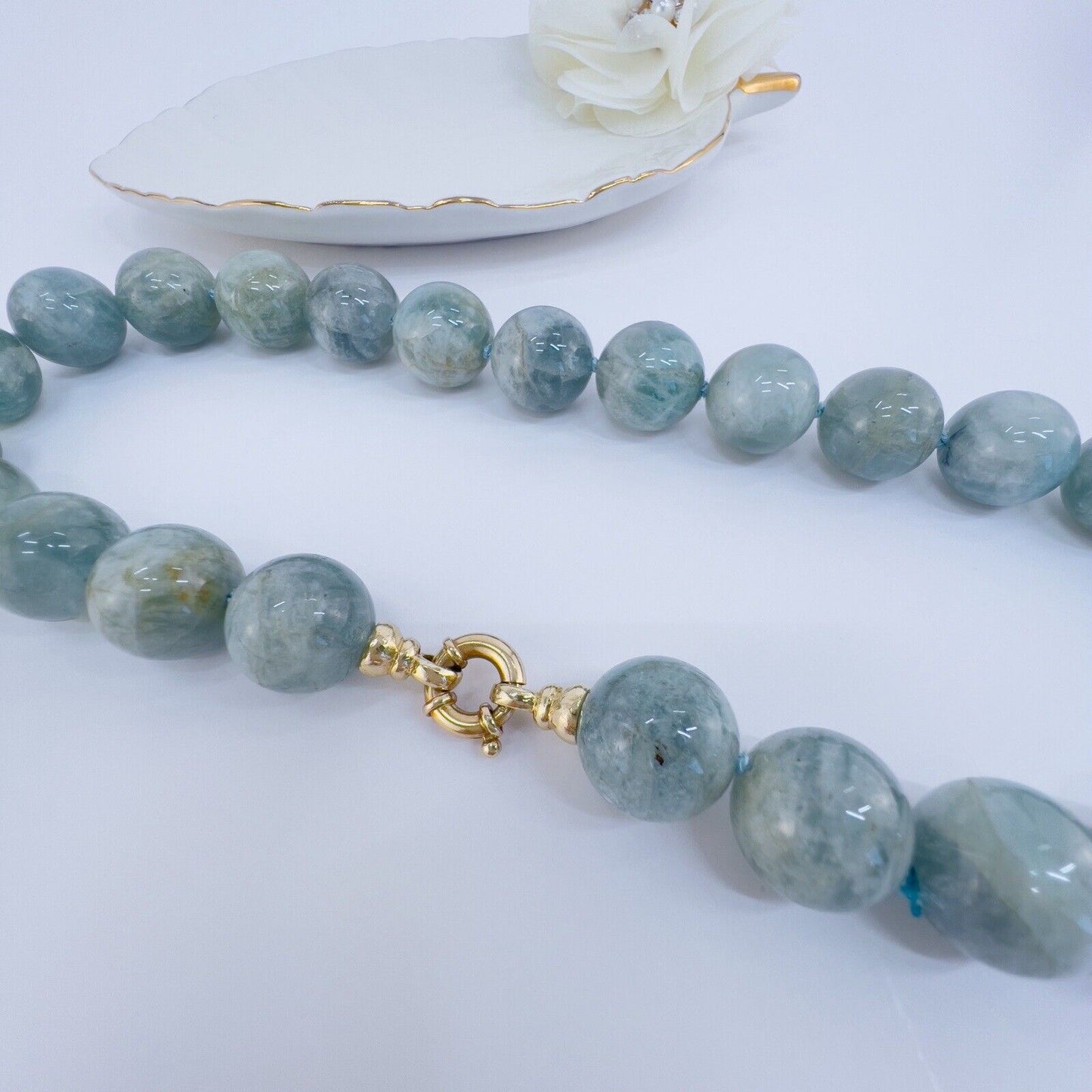 Genuine Aquamarine (16mm) Beaded Solid 14k Yellow Gold Necklace, New