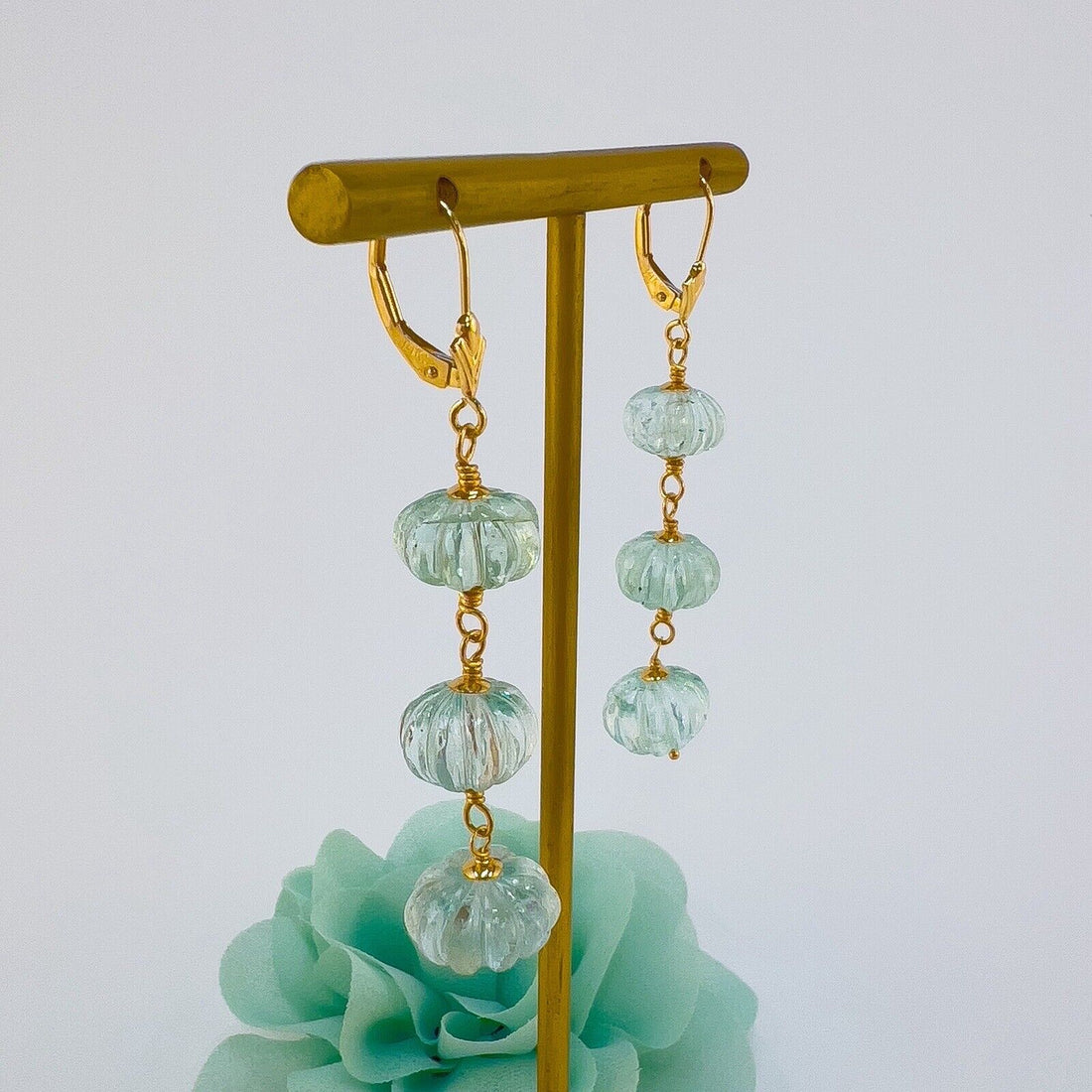 Genuine Aquamarine Fluted Rondelle 14k Yellow Gold Dangle/Drop Earrings, New