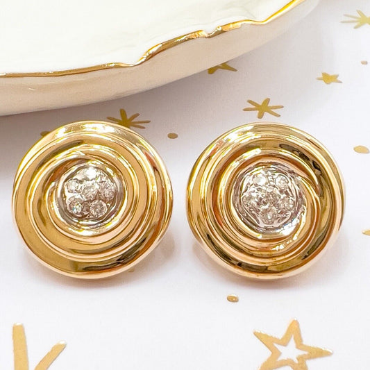 14k Yellow Gold Diamond Swirl "Button" Post & Omega Clip Earrings