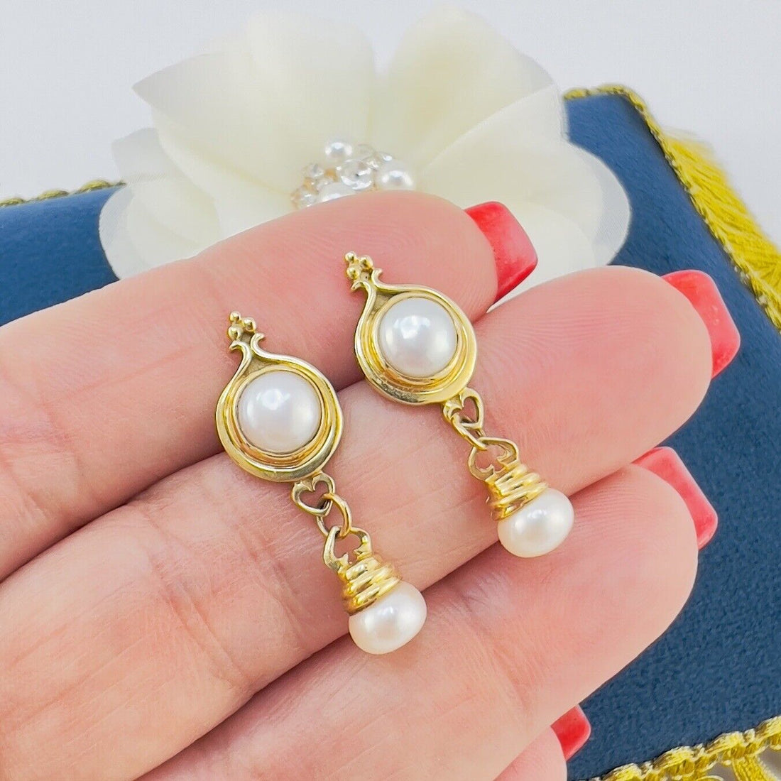 Solid 14k Yellow Gold Genuine Pearl Dangle/Drop Earrings, New 1.14”